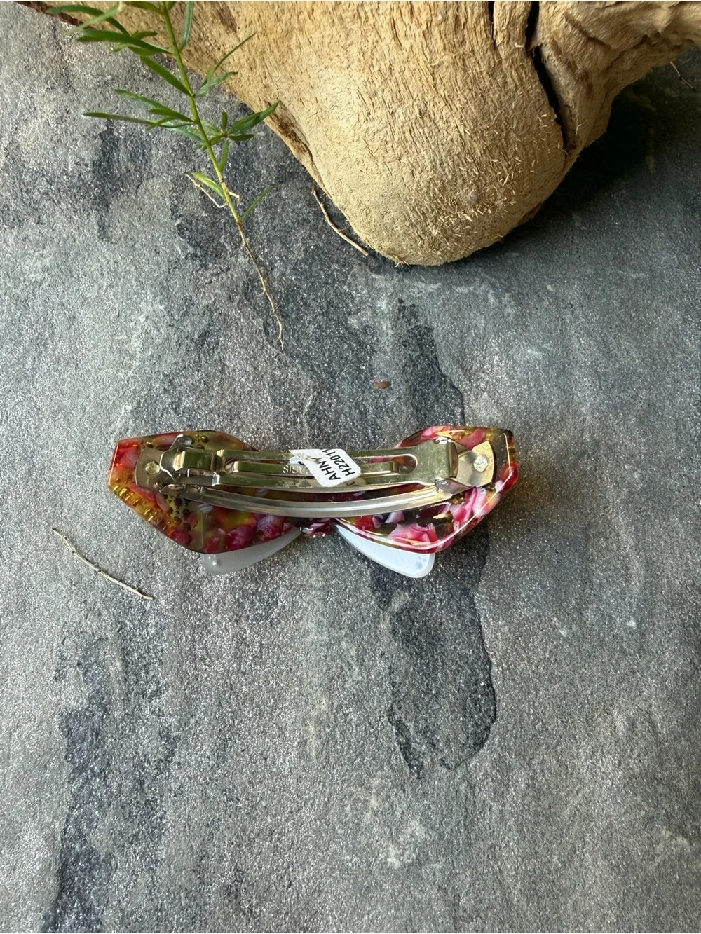 New🌟anthropologie-Elegant Marble Bow Hair Clip with Pink Crystal Accents